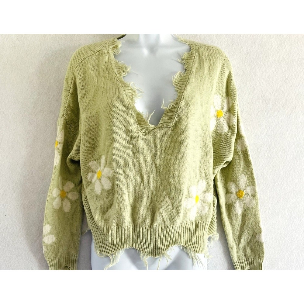 Y2K Indie Mint Green Daisy Distressed Cropped Sweater Soft Grunge Soft Girl